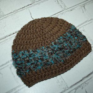 🤎 SOFT BROWN + BLUE BABY HAT · 3 MO 🤎